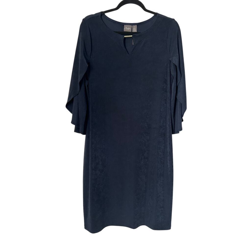 Travelers By Chicos Dress Size M Black Slinky Flare Split Sleeve Keyhole Neck